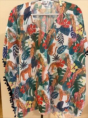 Lulla Collection Sheer Tropical Leopard Jungle Print Coverup PomPoms One Size